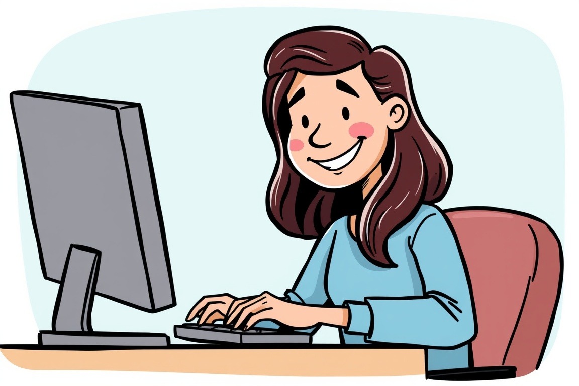 A person sitting at a computer with a smile, typing an email.