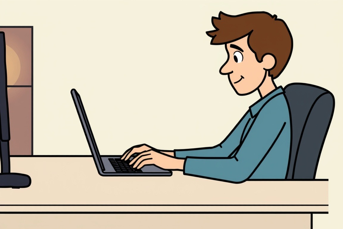 A person sits at a desk, typing on a laptop with a focused expression.
